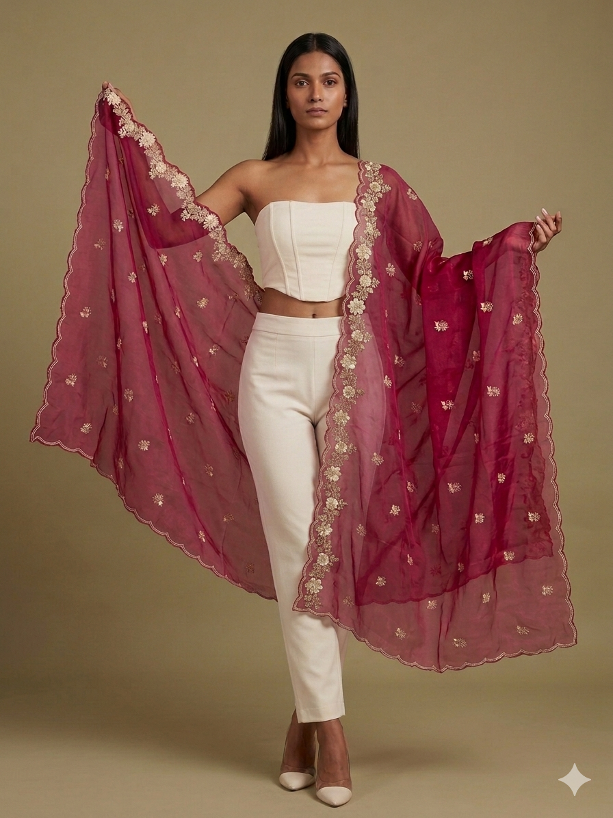 Viceroy Plum Organza Appliqué Work Dupatta