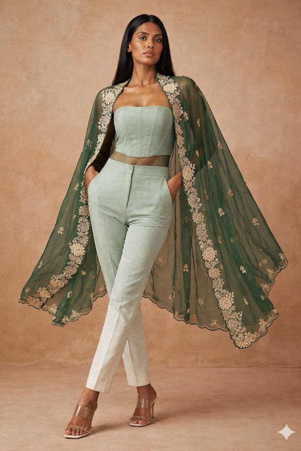 Gymkhana Green Organza Appliqué Work Dupatta