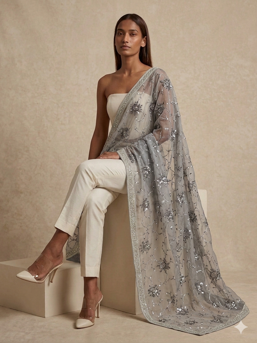 Slate Black Embroidered organza Dupatta