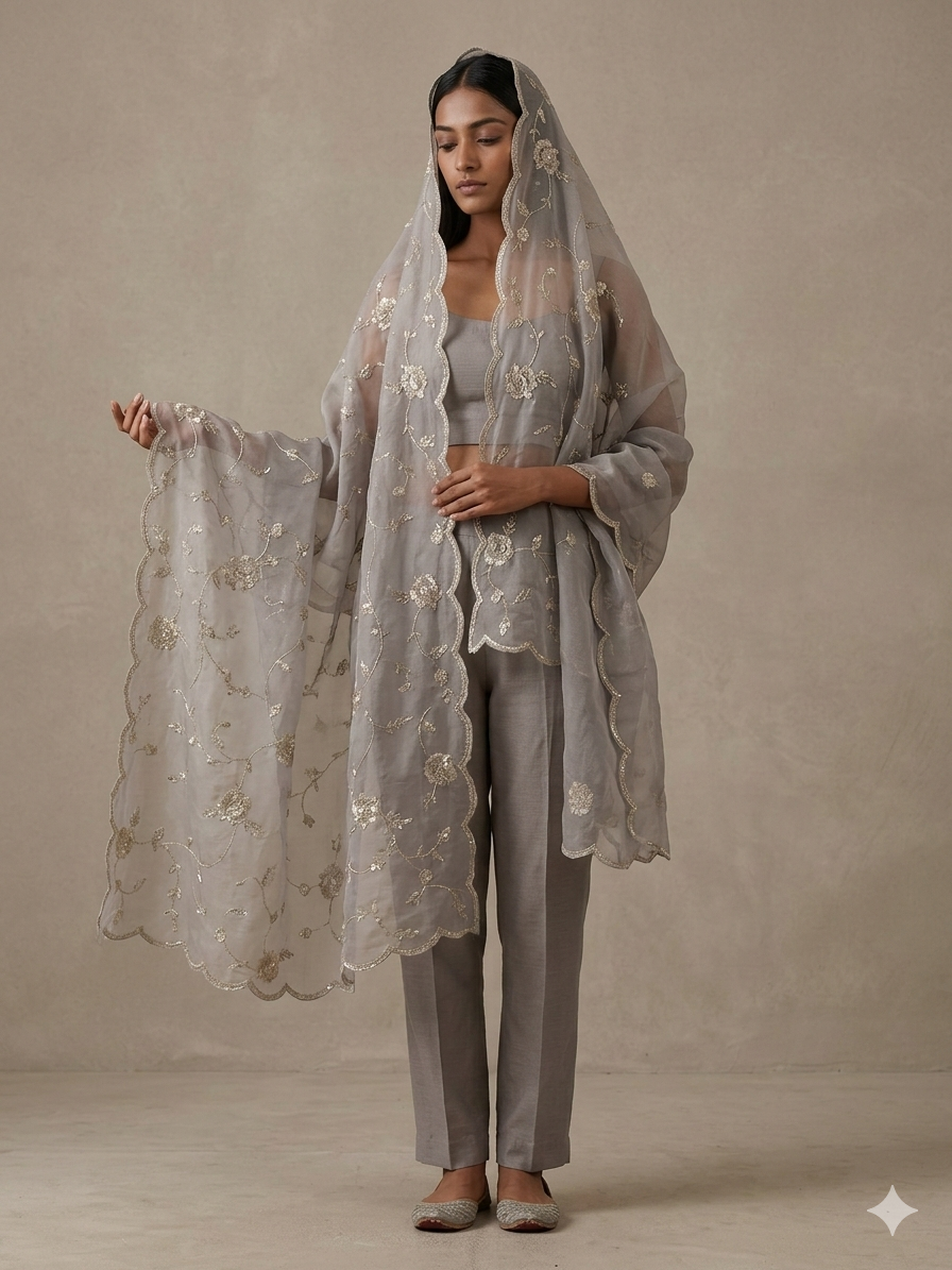 Slate Black Embroidered organza Dupatta