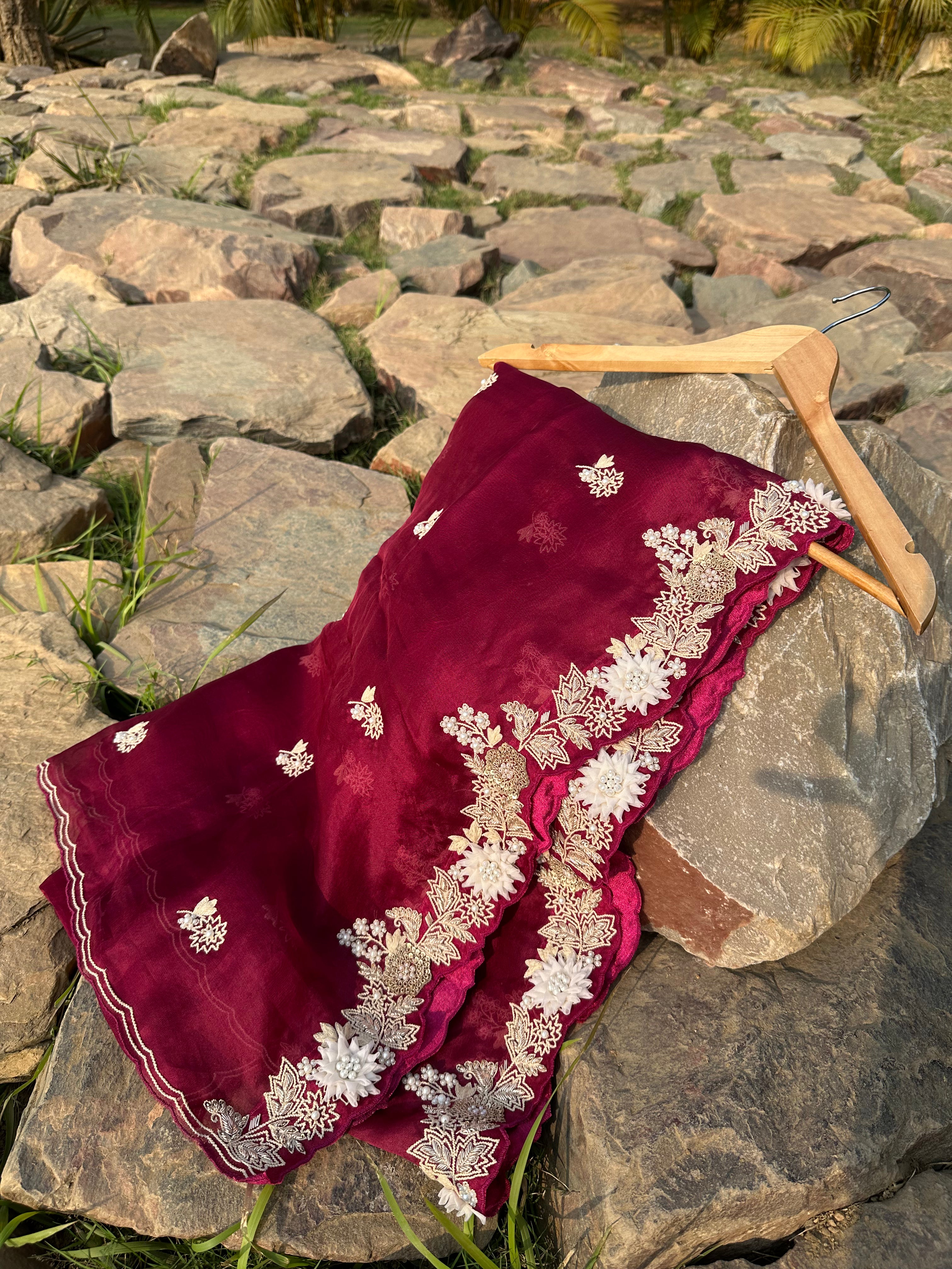 Viceroy Plum Organza Appliqué Work Dupatta