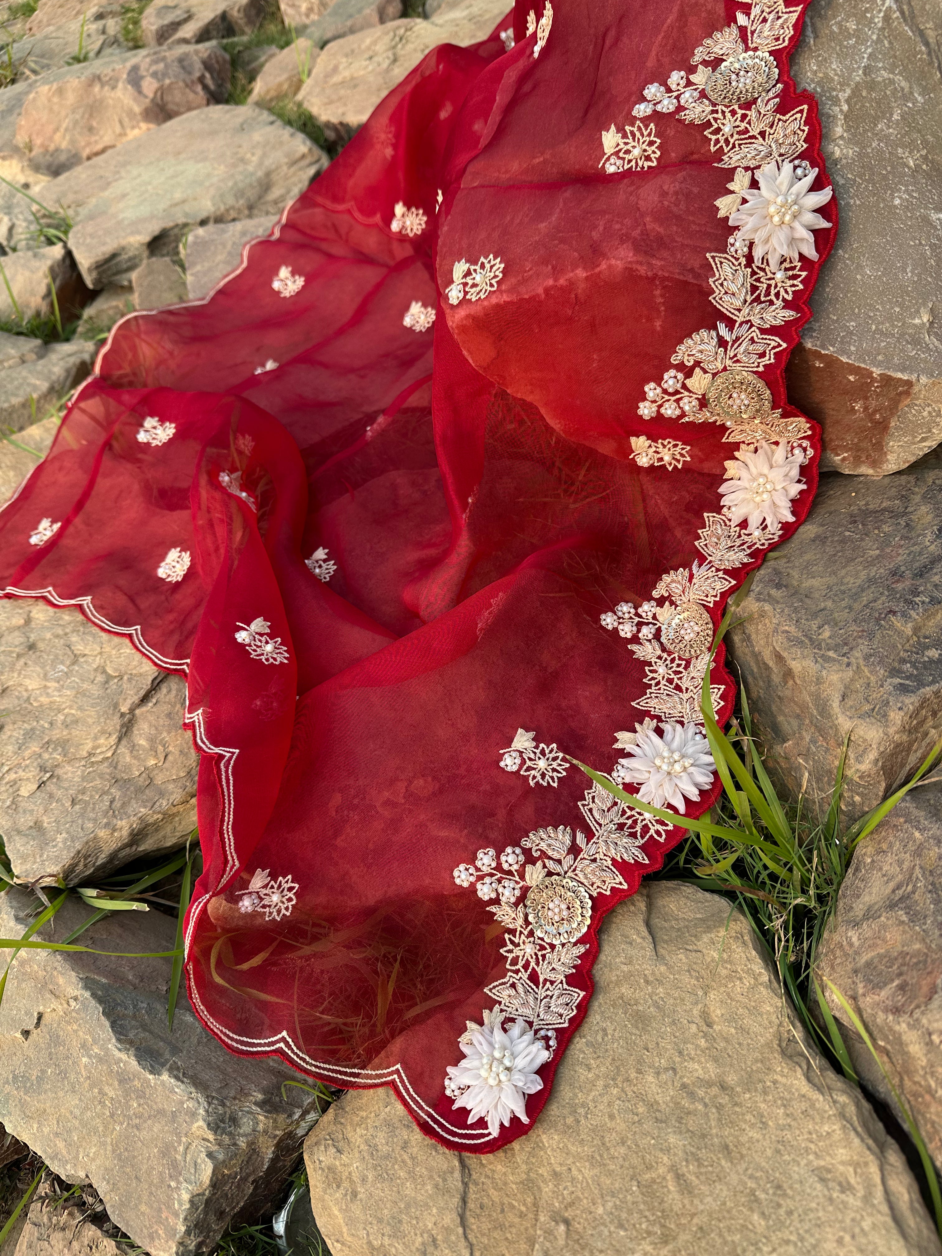 Pomegranate Wine Organza Appliqué Work Dupatta