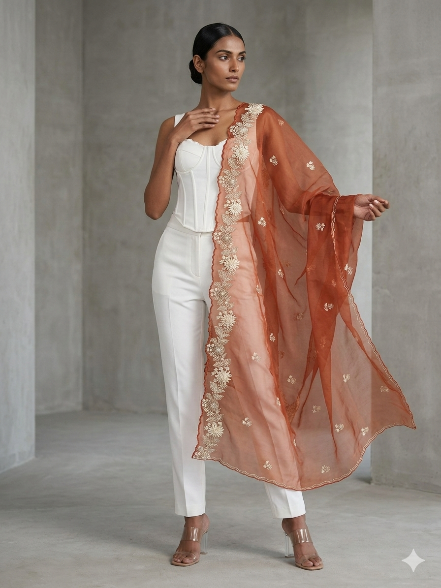 Terracotta Burnt Orange Appliqué Work Dupatta