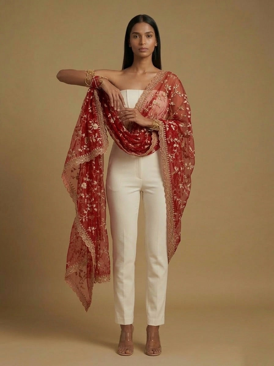 Crimson Red Organza Dupatta
