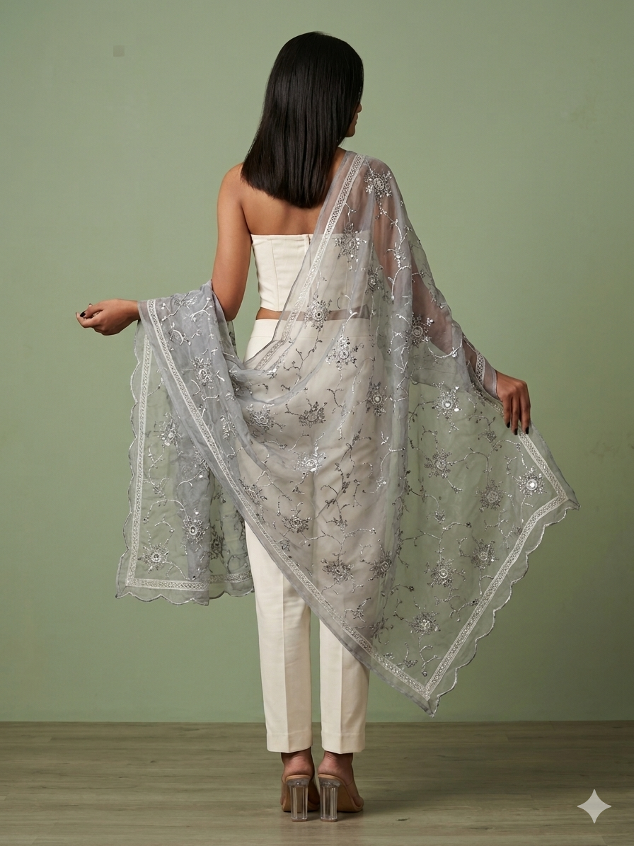 Slate Black Embroidered organza Dupatta