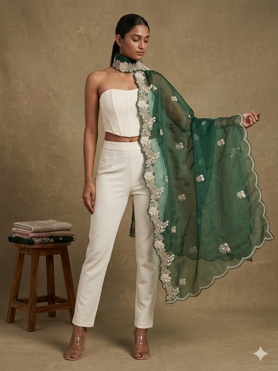Gymkhana Green Organza Appliqué Work Dupatta