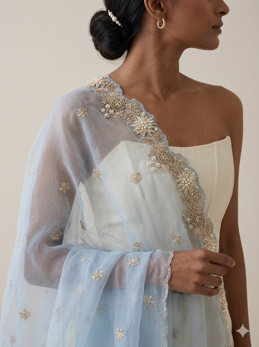 Sky Blue Organza Appliqué Work Dupatta