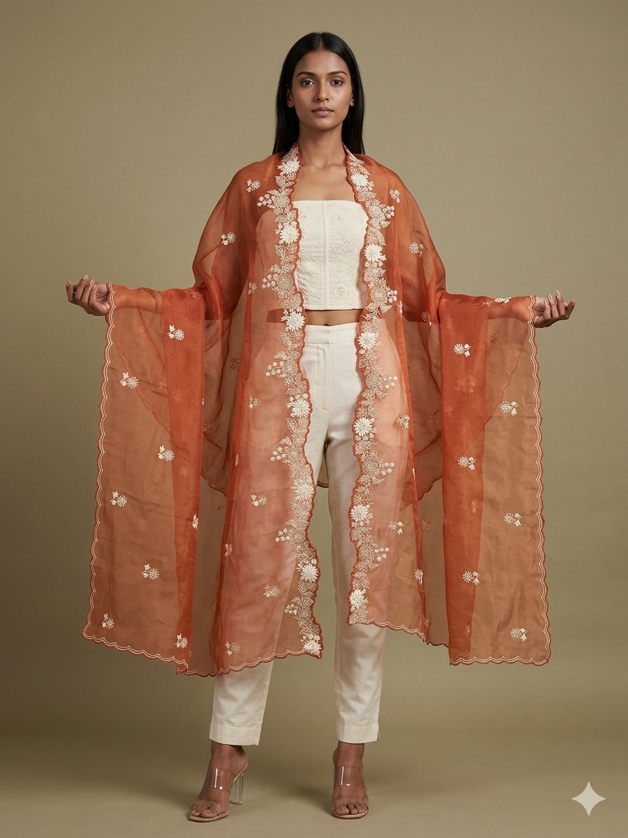 Terracotta Burnt Orange Appliqué Work Dupatta