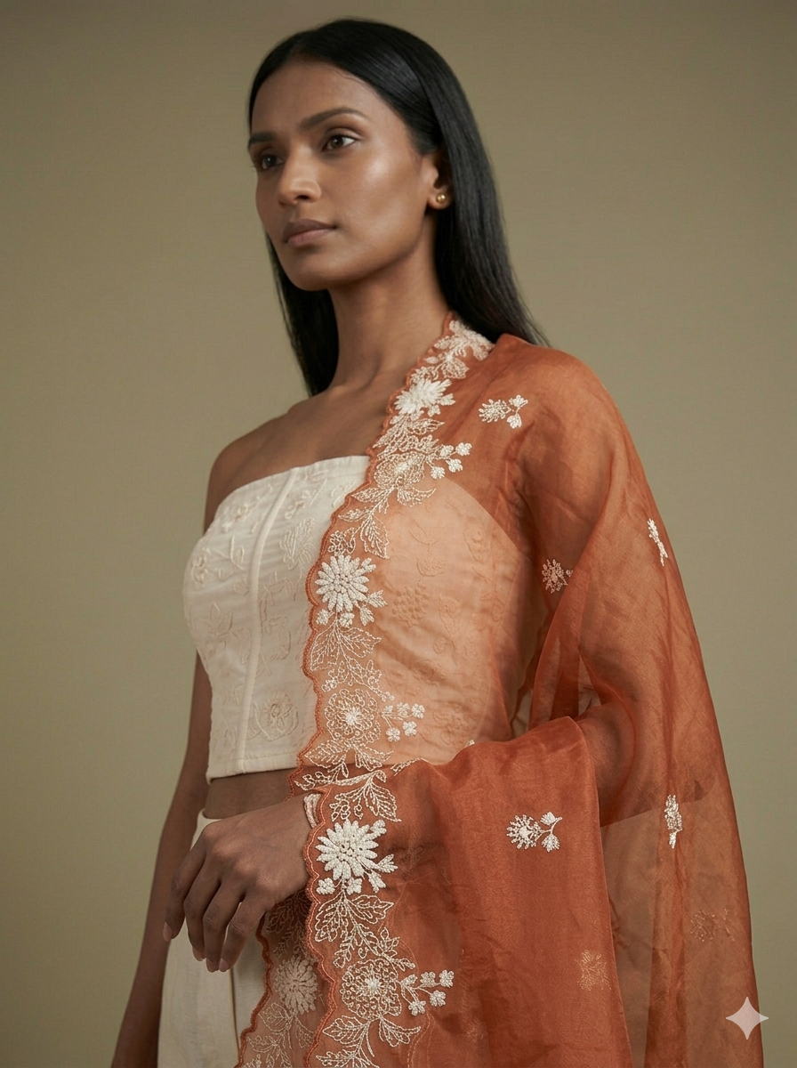 Terracotta Burnt Orange Appliqué Work Dupatta