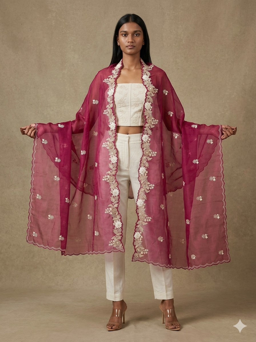 Viceroy Plum Organza Appliqué Work Dupatta