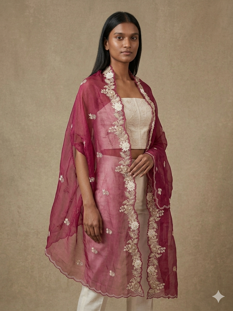 Viceroy Plum Organza Appliqué Work Dupatta
