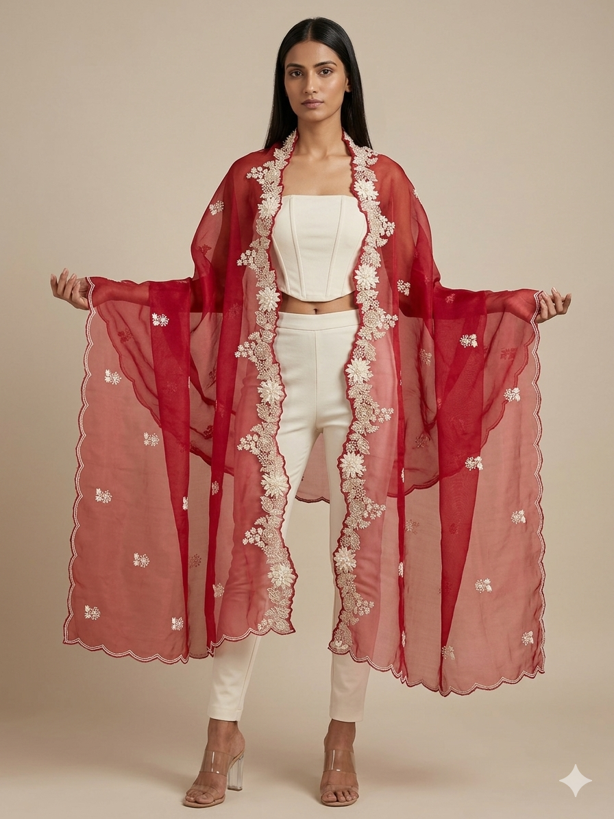 Pomegranate Wine Organza Appliqué Work Dupatta