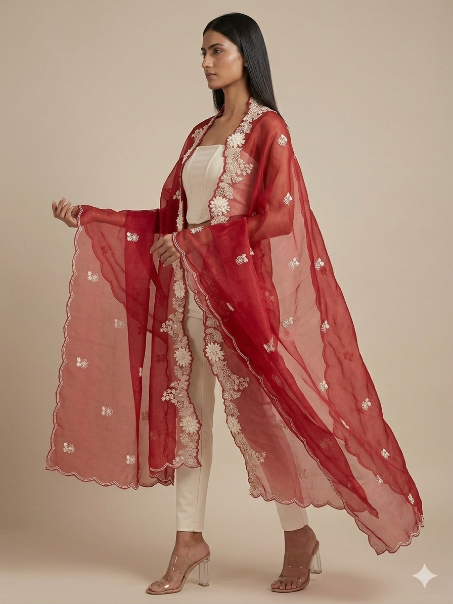 Pomegranate Wine Organza Appliqué Work Dupatta