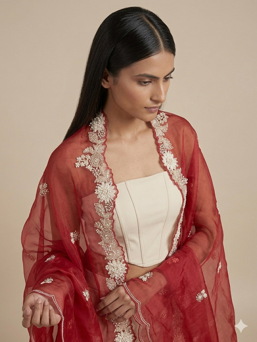 Pomegranate Wine Organza Appliqué Work Dupatta