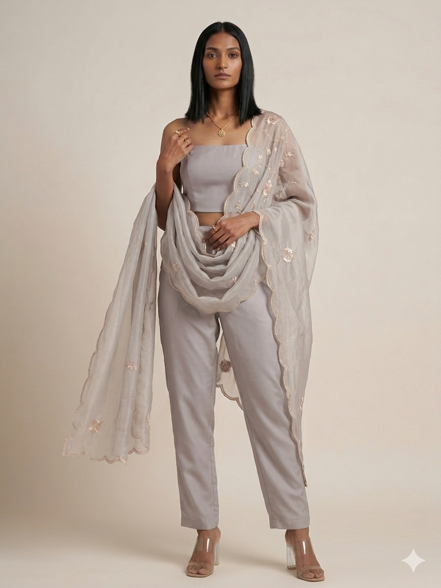 River Mist Gray Organza Dupatta
