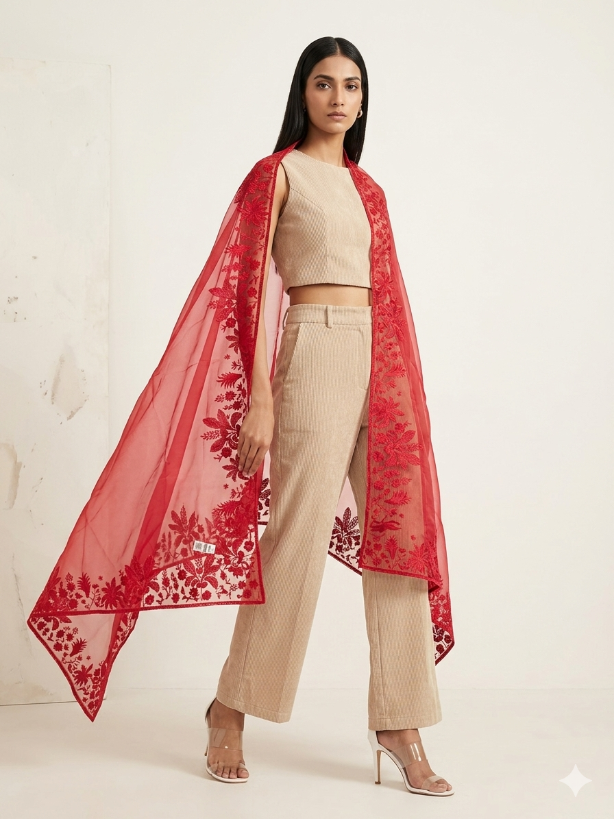 Ruby Red Organza Dupatta