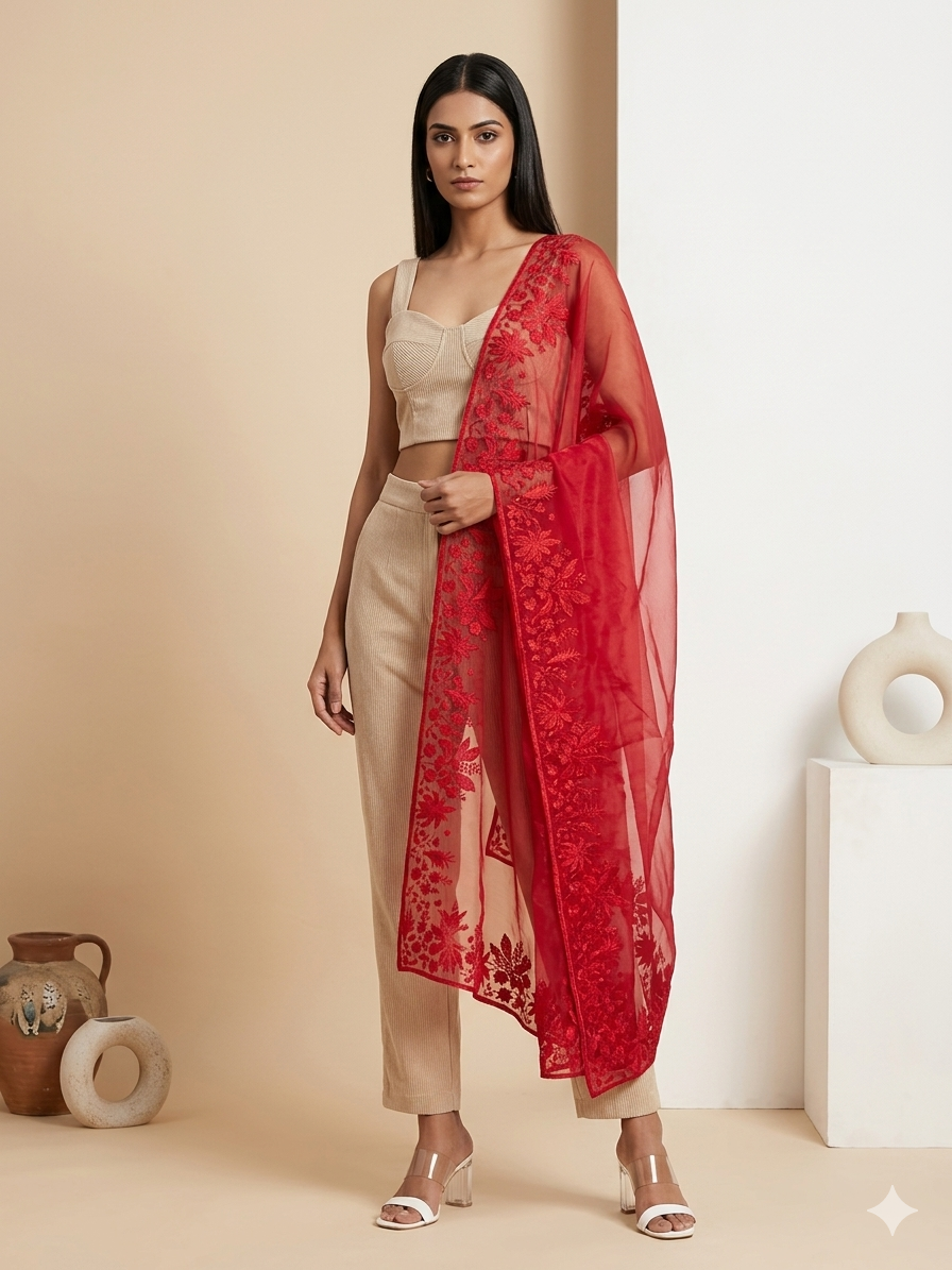 Ruby Red Organza Dupatta