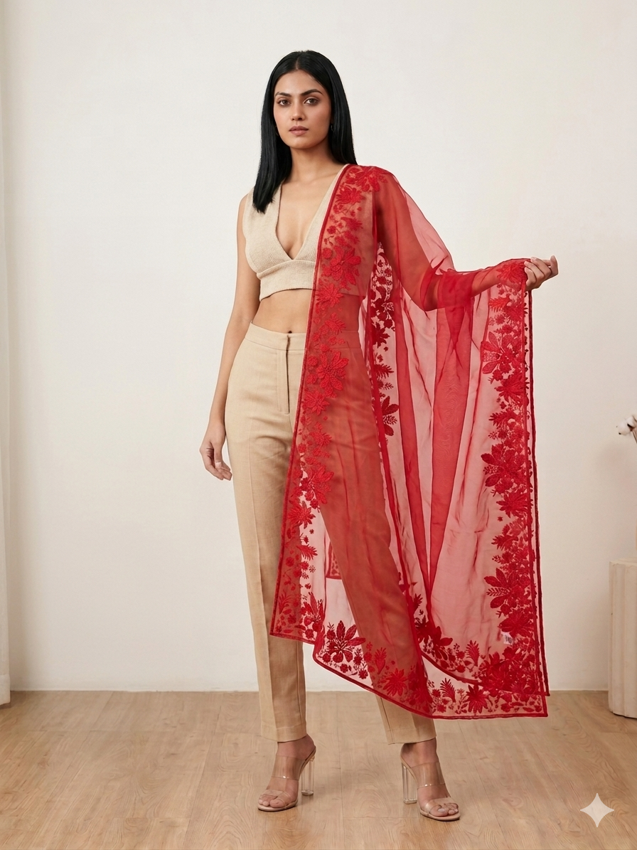 Ruby Red Organza Dupatta