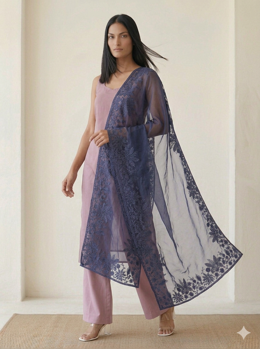 Midnight Azure Blue Organza Dupatta