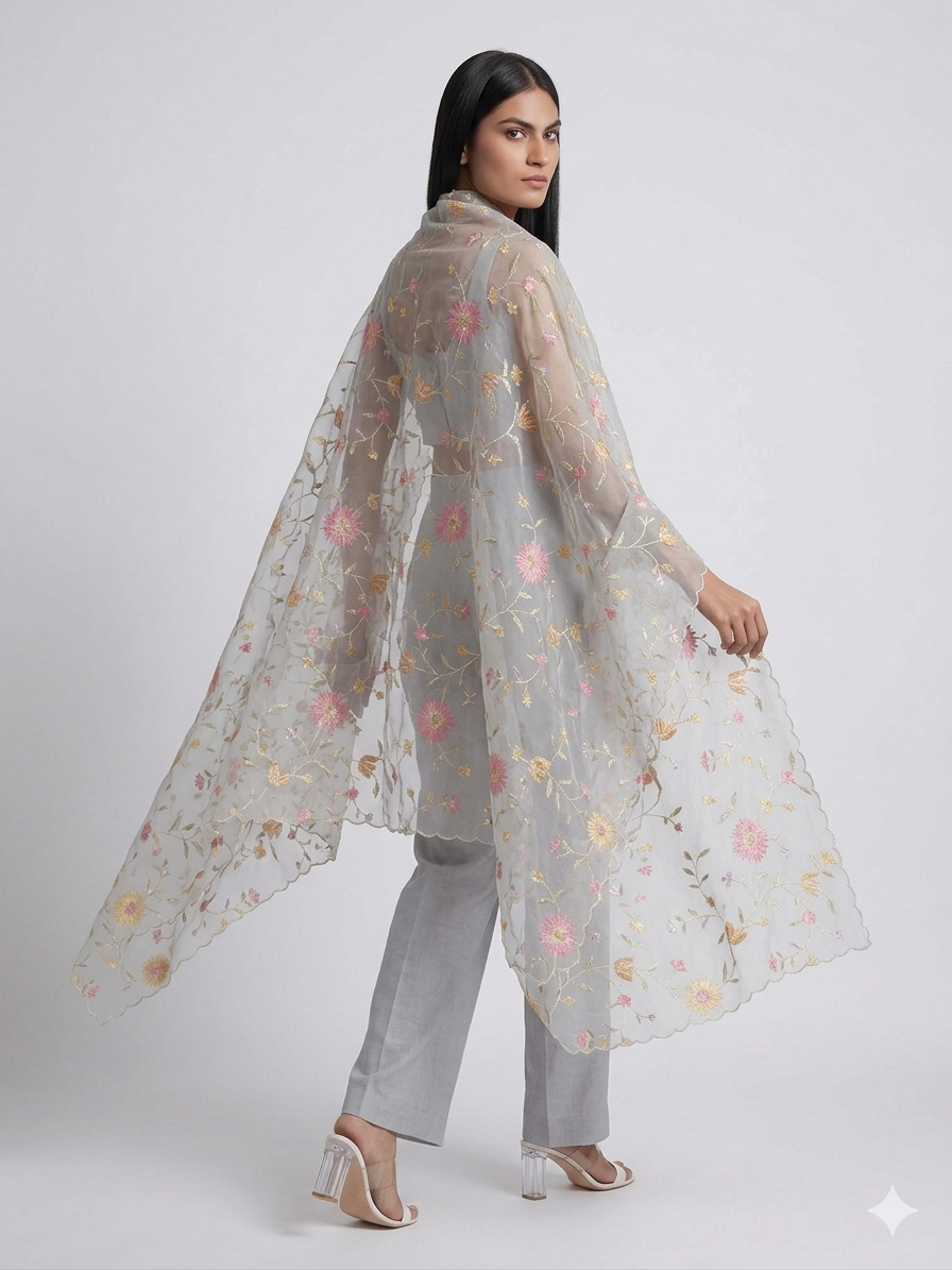 Silver Flora Organza Dupatta