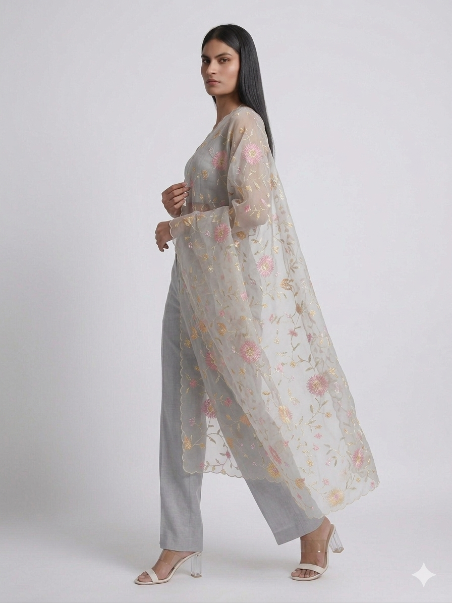 Silver Flora Organza Dupatta