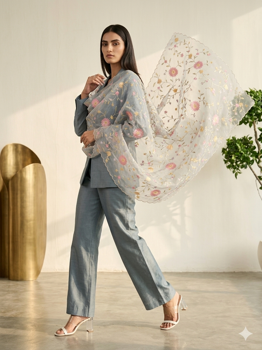 Silver Flora Organza Dupatta