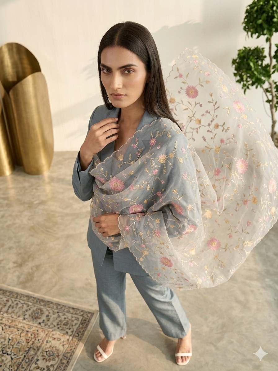 Silver Flora Organza Dupatta