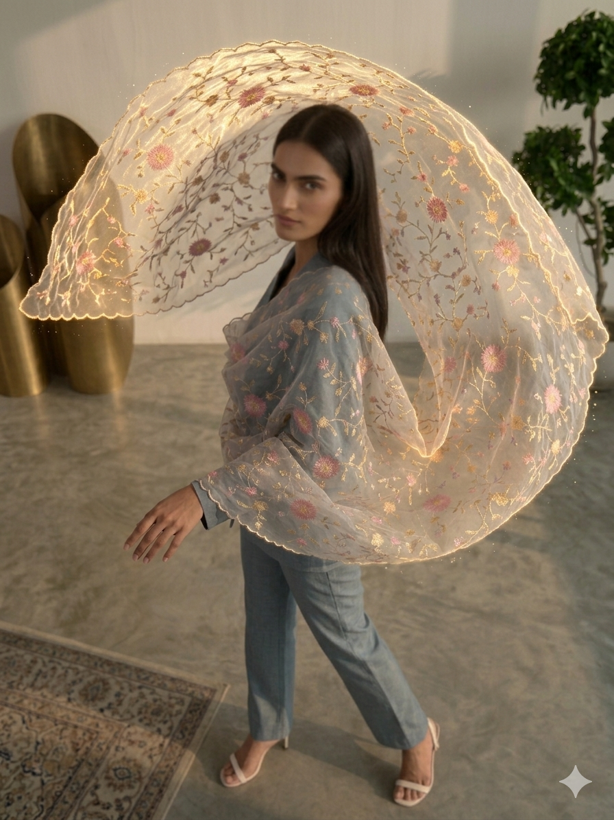 Silver Flora Organza Dupatta