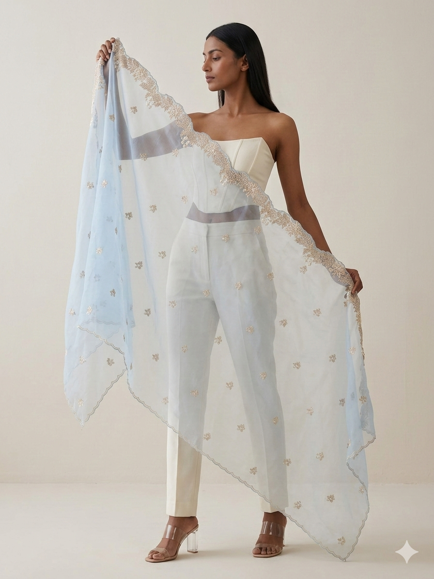 Sky Blue Organza Appliqué Work Dupatta