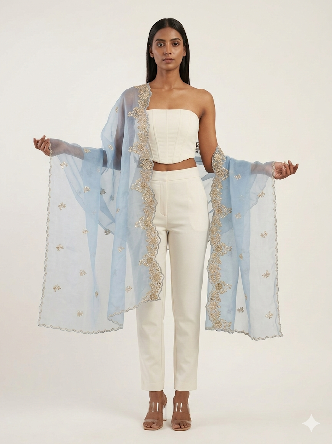 Sky Blue Organza Appliqué Work Dupatta