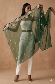 Gymkhana Green Organza Appliqué Work Dupatta
