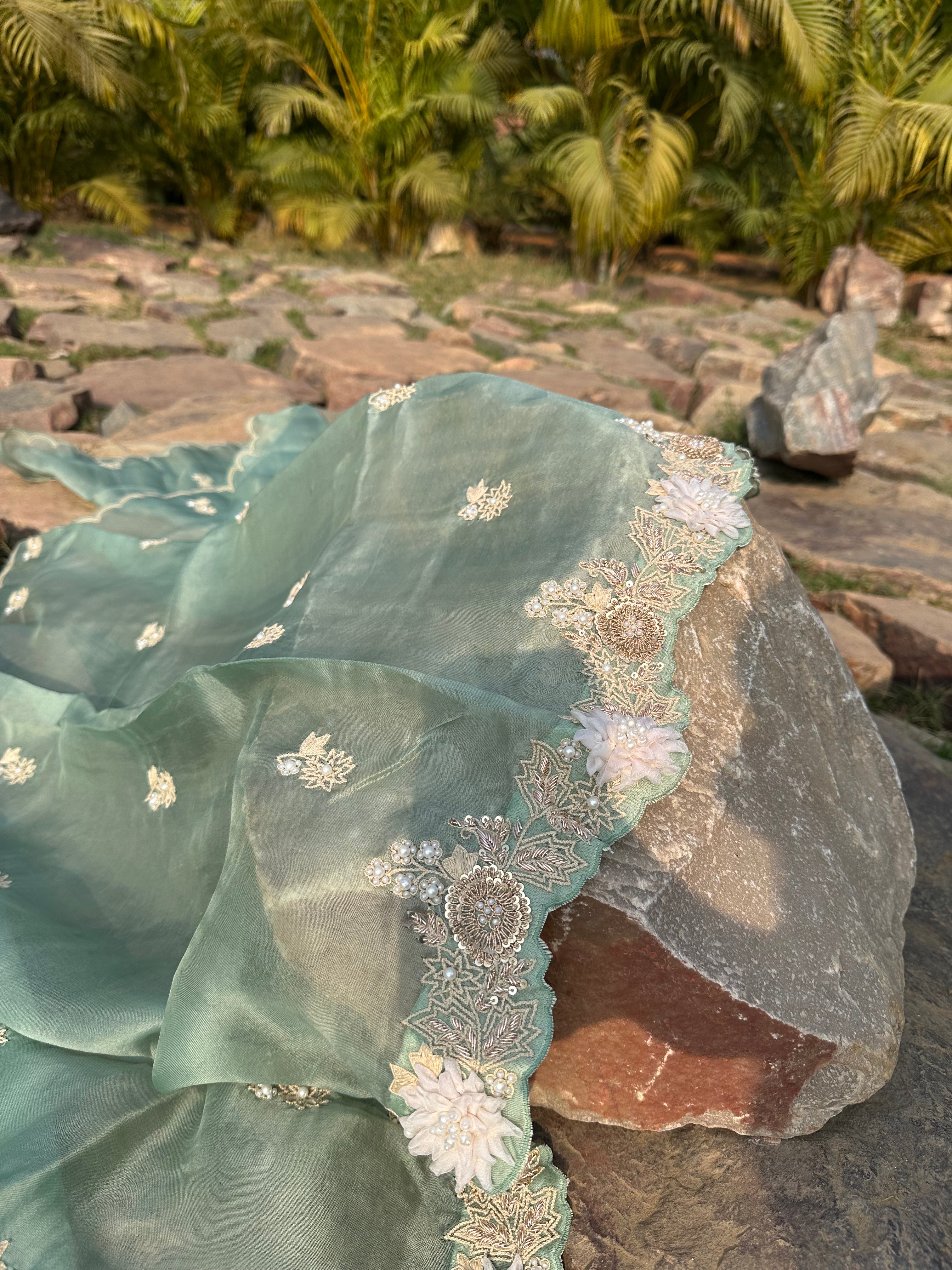 Mint Organza Appliqué Work Dupatta