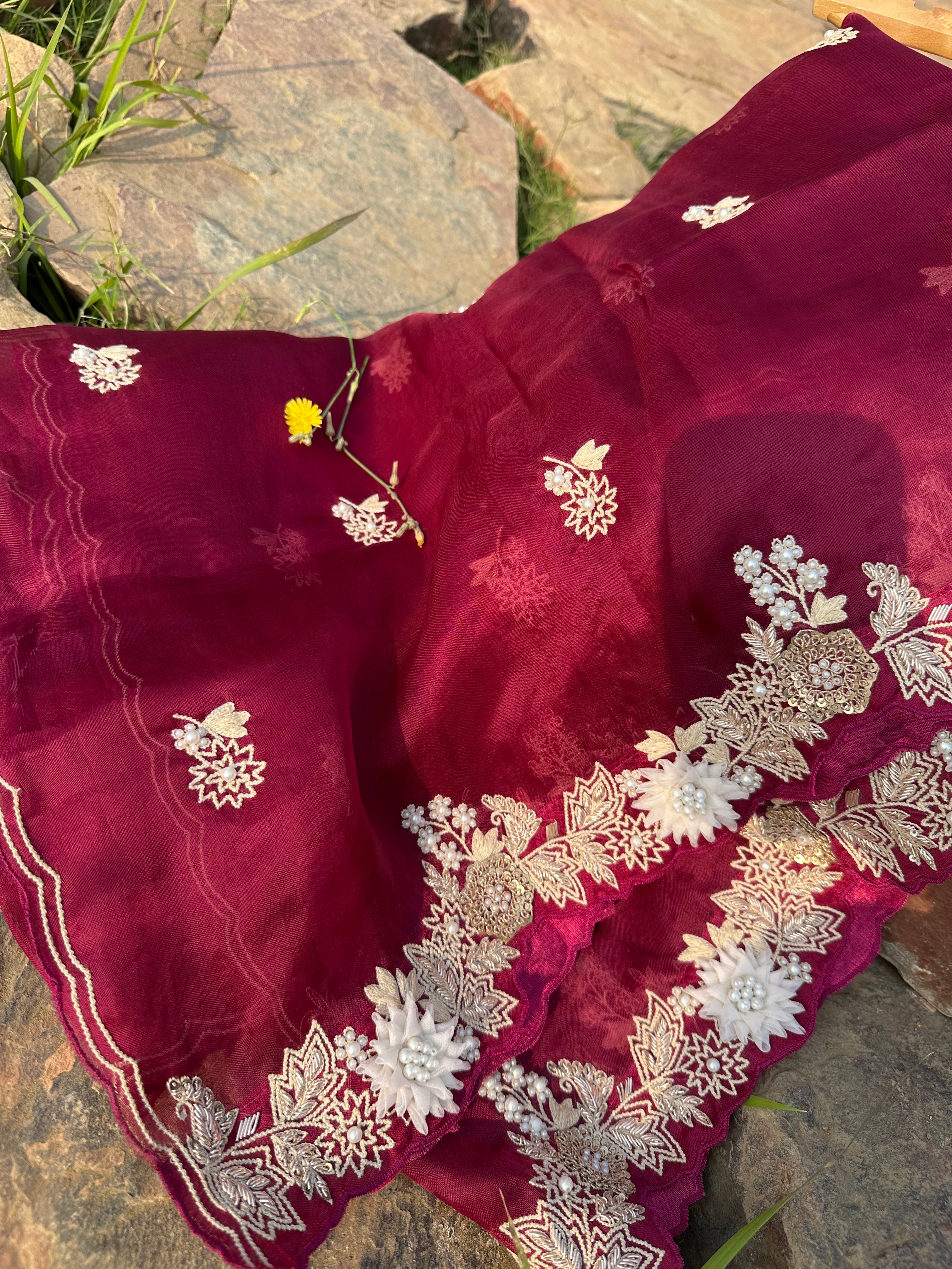 Viceroy Plum Organza Appliqué Work Dupatta