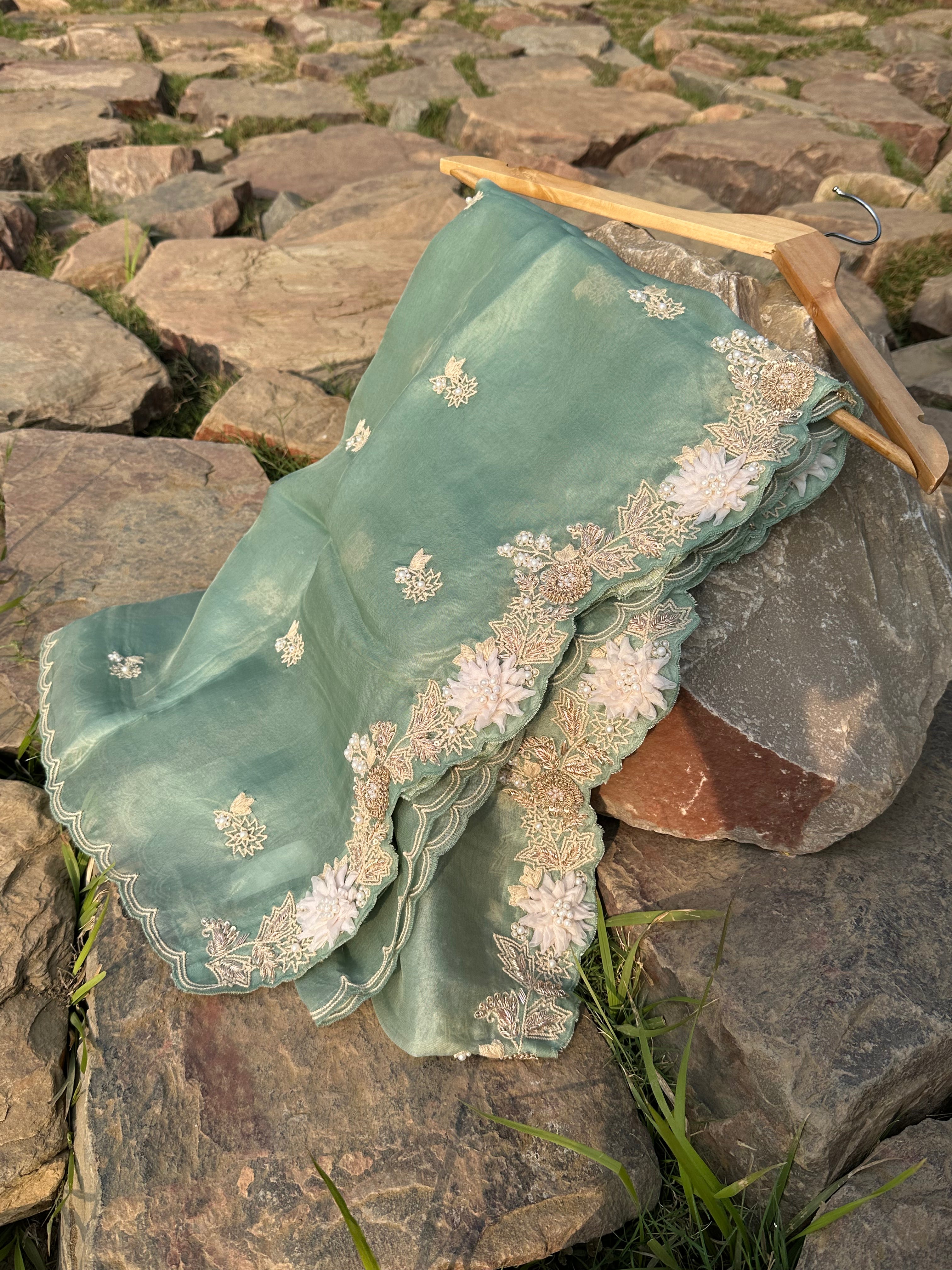 Mint Organza Appliqué Work Dupatta
