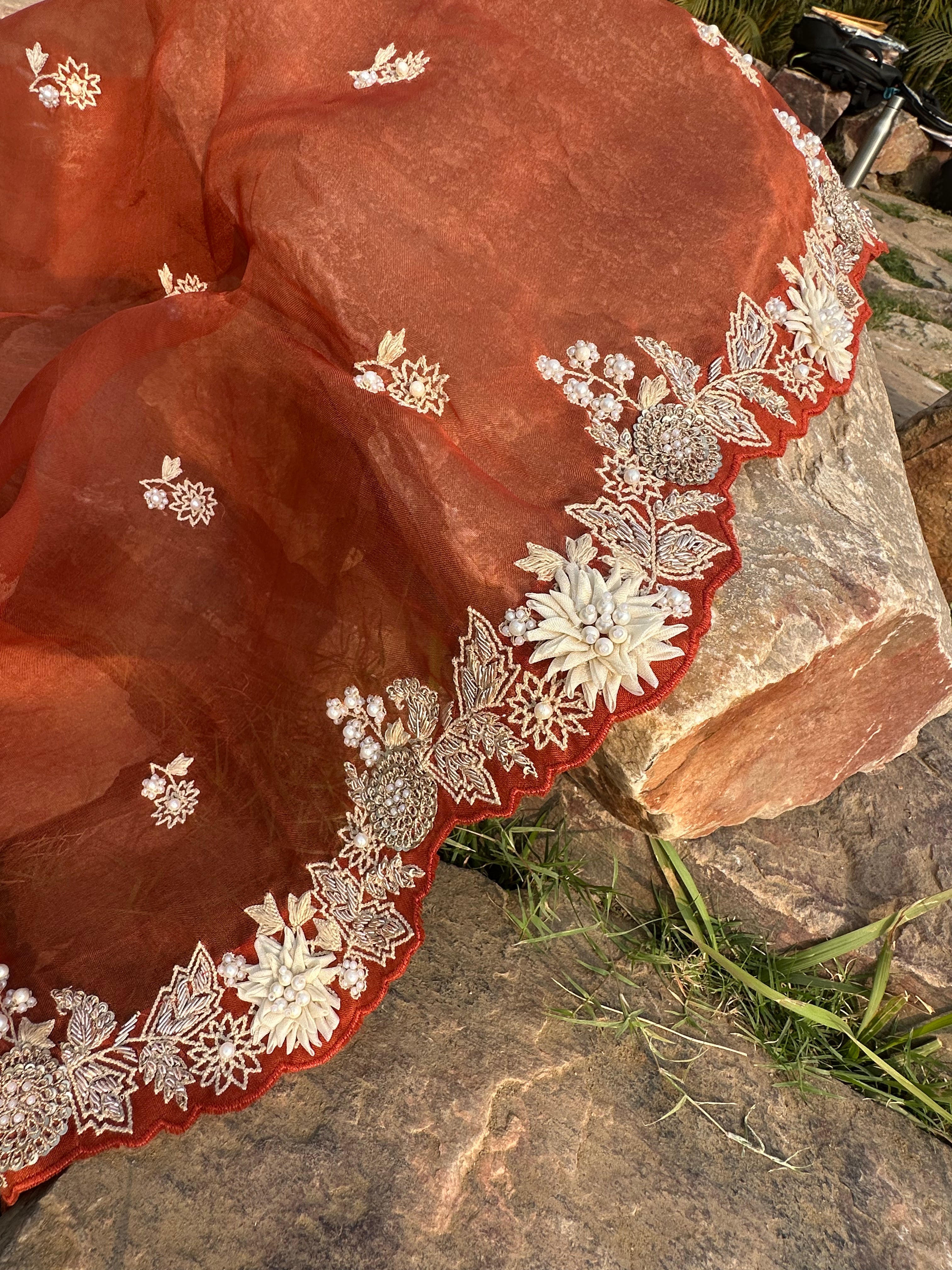 Terracotta Burnt Orange Appliqué Work Dupatta