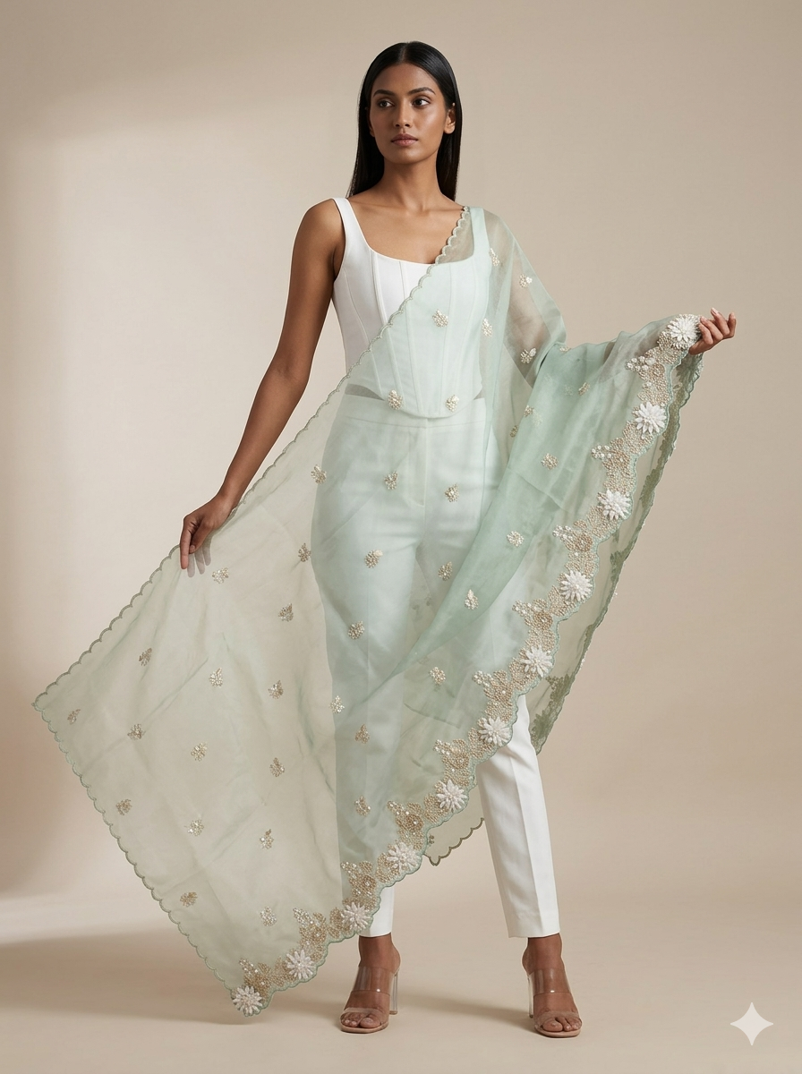 Mint Organza Appliqué Work Dupatta