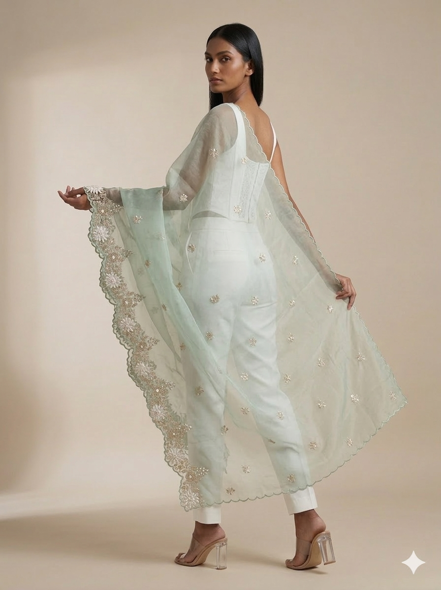 Mint Organza Appliqué Work Dupatta
