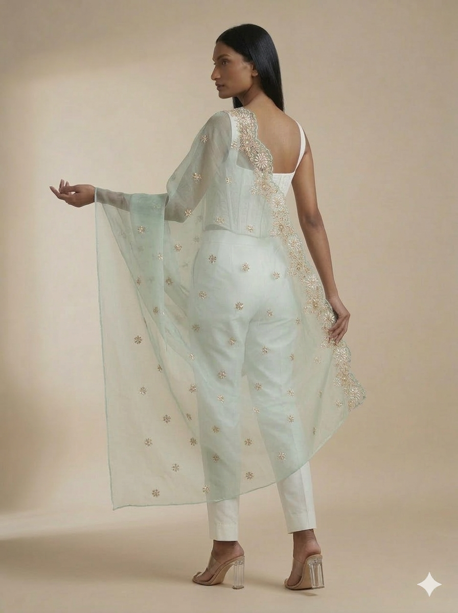 Mint Organza Appliqué Work Dupatta