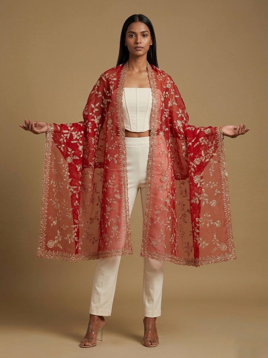 Crimson Red Organza Dupatta