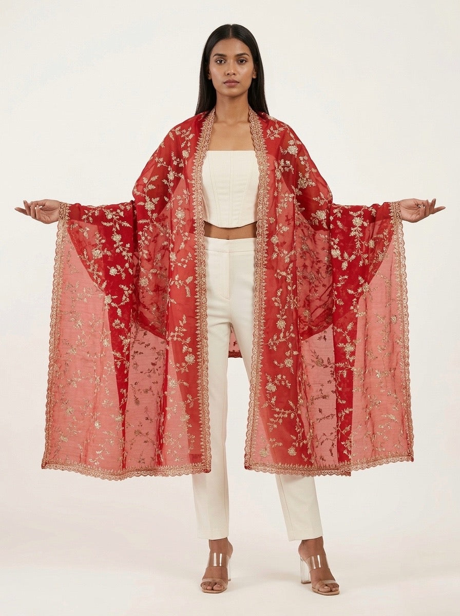 Crimson Red Organza Dupatta