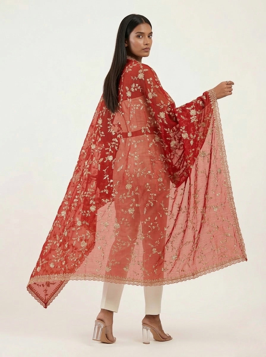 Crimson Red Organza Dupatta