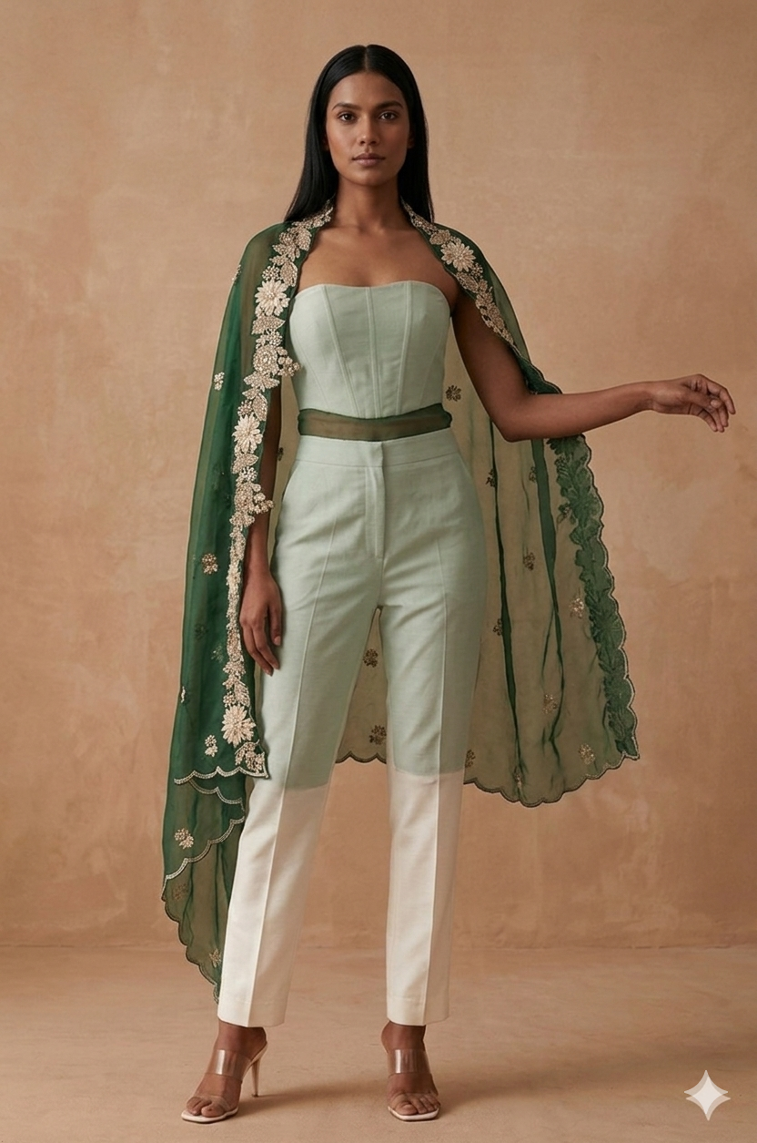 Gymkhana Green Organza Appliqué Work Dupatta