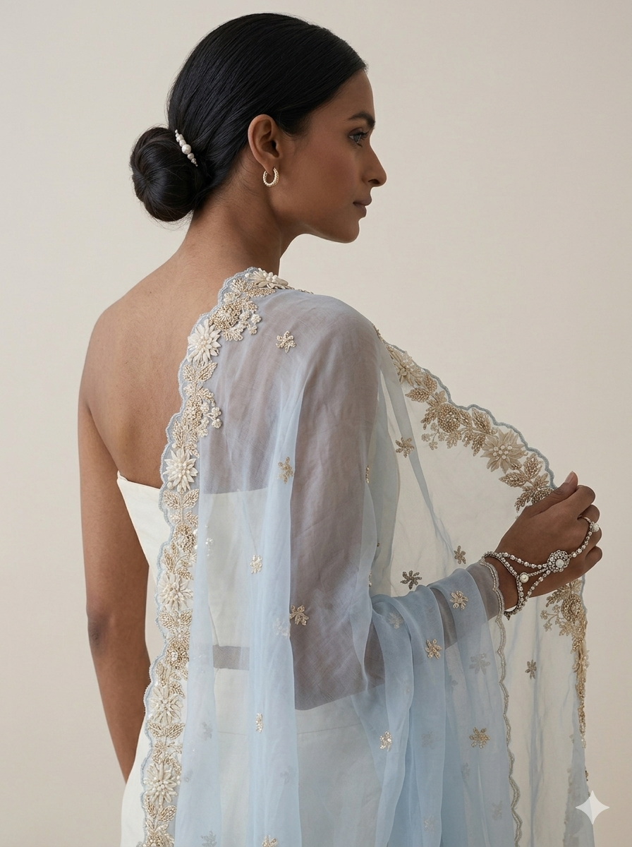 Sky Blue Organza Appliqué Work Dupatta