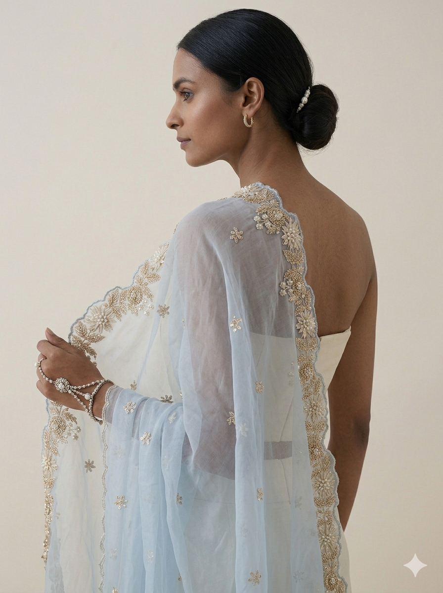 Sky Blue Organza Appliqué Work Dupatta