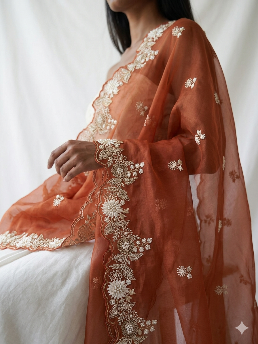 Terracotta Burnt Orange Appliqué Work Dupatta