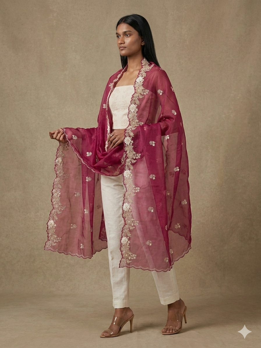 Viceroy Plum Organza Appliqué Work Dupatta