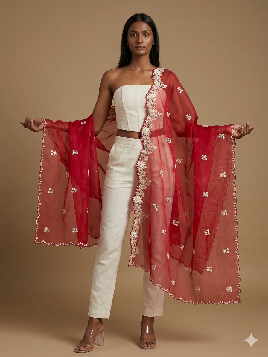 Pomegranate Wine Organza Appliqué Work Dupatta
