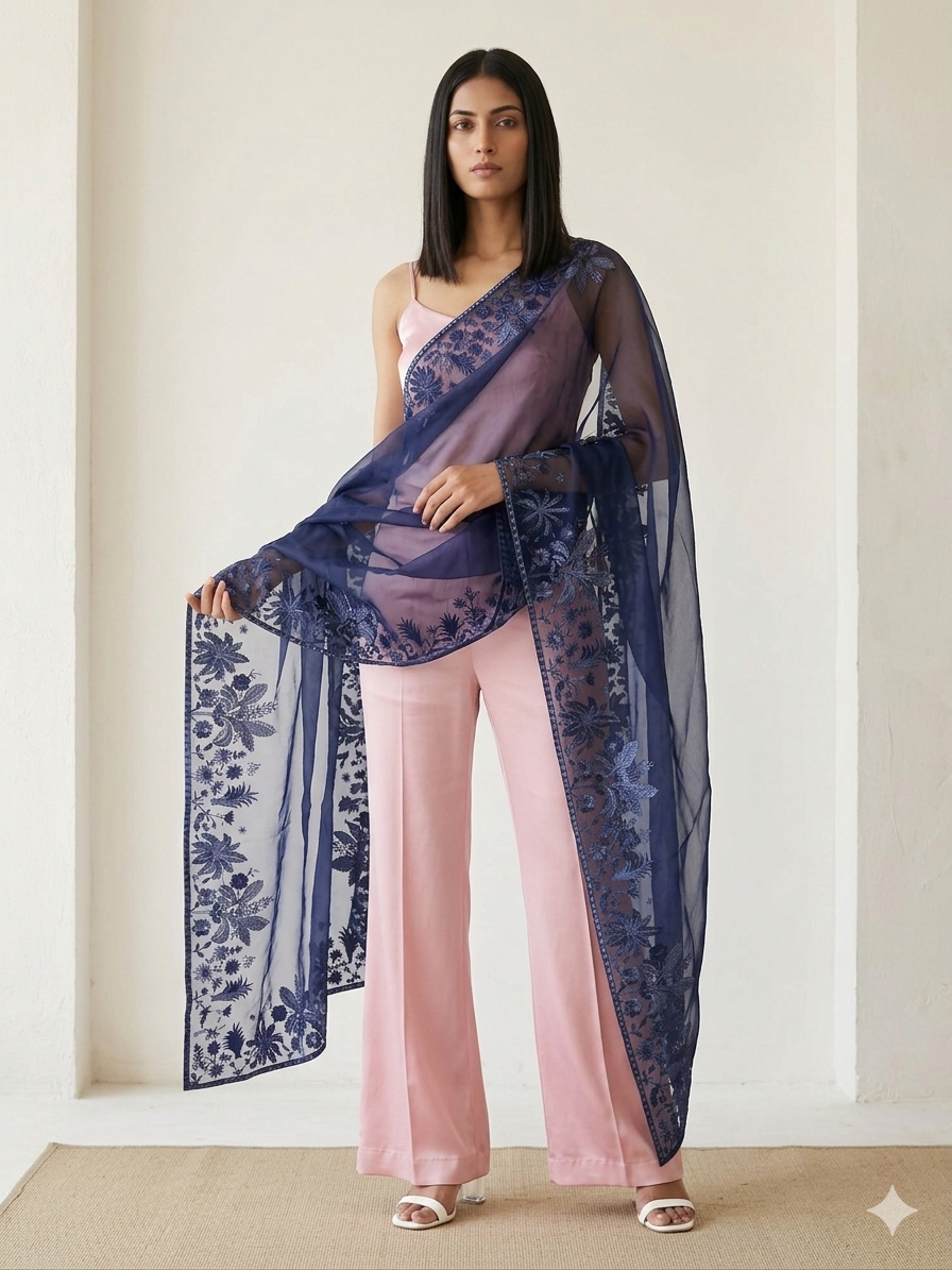 Midnight Azure Blue Organza Dupatta