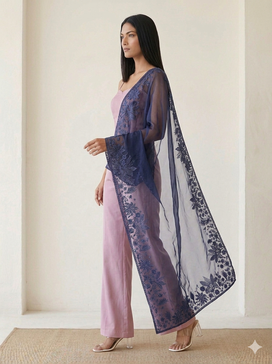 Midnight Azure Blue Organza Dupatta