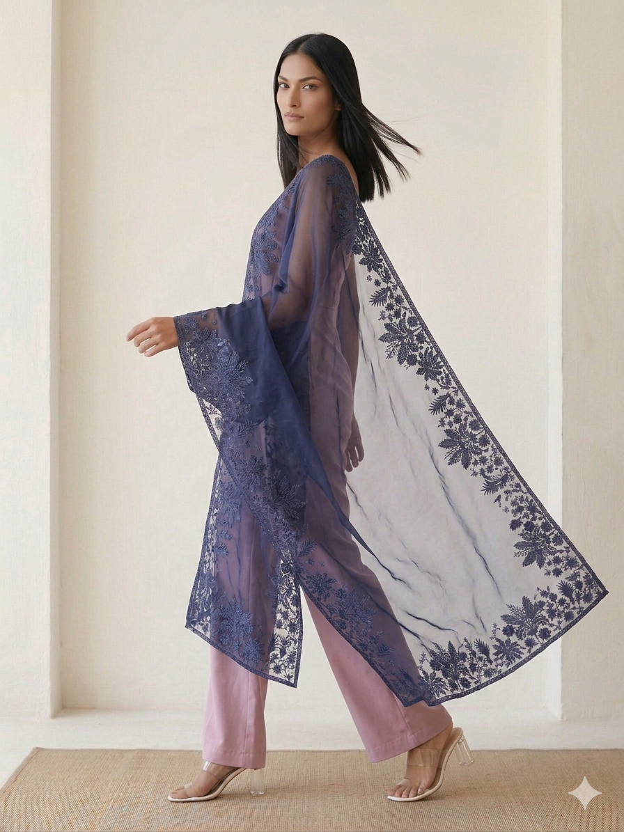 Midnight Azure Blue Organza Dupatta